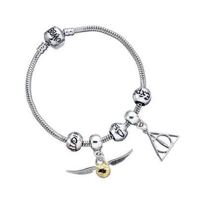 Harry Potter Charm Set- Silver Plated Braceletwith Deathly Hallows, Golden Snitch, 3 Spell Bead charms