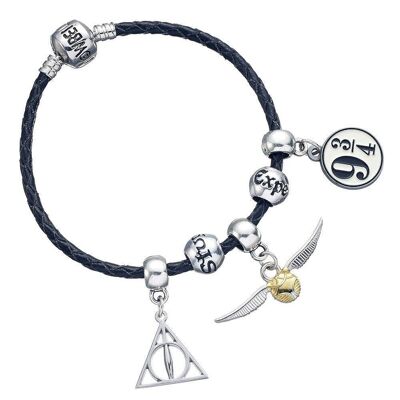 Harry-Potter-Charm-Set – schwarzes Lederarmband mit Heiligtümern des Todes, goldenem Schnatz, Plattform 9 3/4 und 2 Spellbead-Anhängern