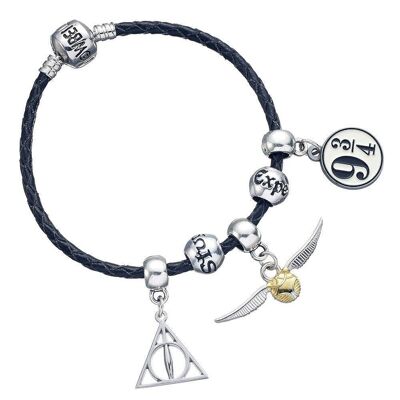 Harry Potter Charm Set- Black Leather Bracelet with Deathly Hallows, Golden Snitch, Platform 9 3/4 & 2 Spellbead charms