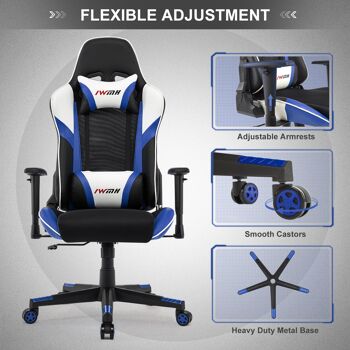 IWMH Indy Gaming Racing Chair Cuir et Tissu Respirant avec Appui-Tête et Support de Taille BLEU 4