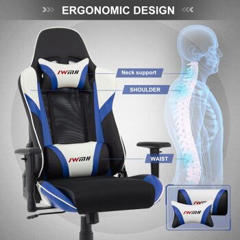 IWMH Indy Gaming Racing Chair Cuir et Tissu Respirant avec Appui-Tête et Support de Taille BLEU 8