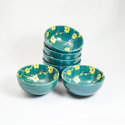 Cha wan tea bowl Raku blue/yellow 12x6cmH - set of 6