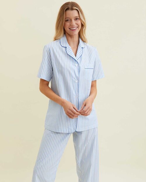Women's Classic Cotton Short Sleeve Pyjamas - Blue Candy Stripe