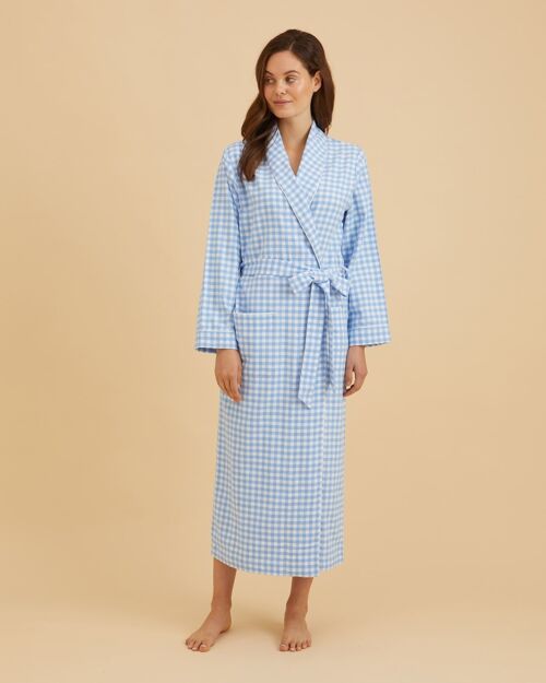 Women's Brushed Cotton Dressing Gown - Sky Gingham