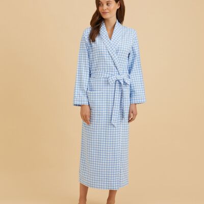 Women's Brushed Cotton Dressing Gown - Sky Gingham