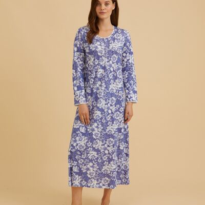 Women's French Pleat Long Sleeve Jersey Nightdress - Indigo Floral