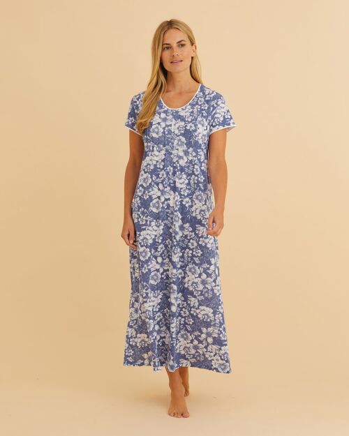 Women's French Pleat Short Sleeve Jersey Nightdress - Indigo Floral