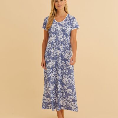 Women's French Pleat Short Sleeve Jersey Nightdress - Indigo Floral