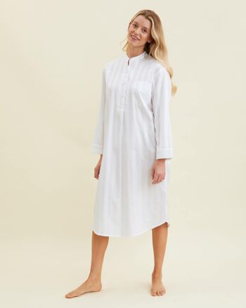 Chemise de nuit en coton à rayures satinées pour femme - Blanc 1