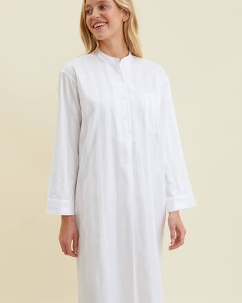 Chemise de nuit en coton à rayures satinées pour femme - Blanc 2