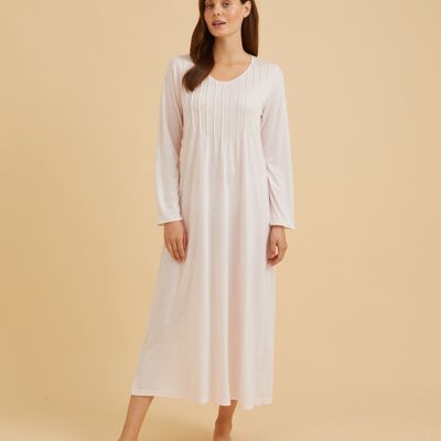 Women's French Pleat Long Sleeve Jersey Nightdress - Soft Pink