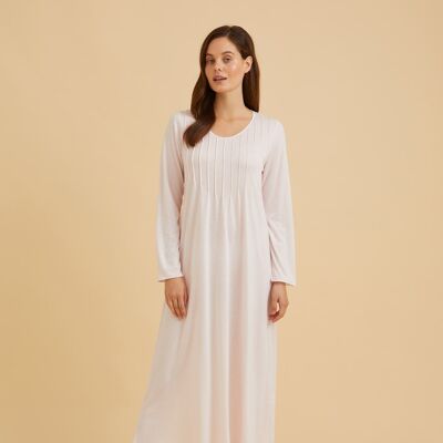 Women's French Pleat Long Sleeve Jersey Nightdress - Soft Pink