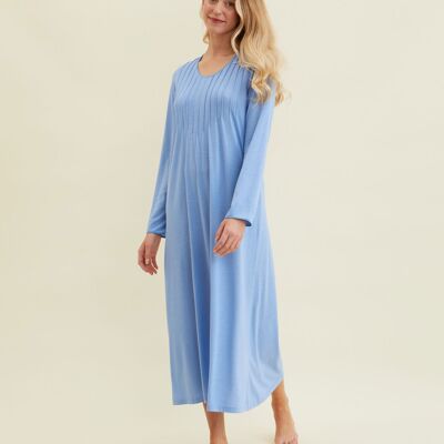 Women's French Pleat Long Sleeve Jersey Nightdress - Cool Blue