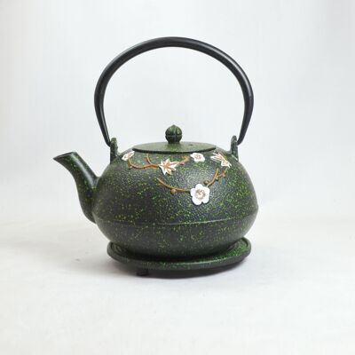 Hama 1.0l cast iron teapot light green white flowers with saucer
