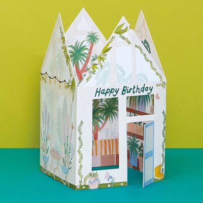Tarjeta desplegable 3D de invernadero 'Feliz cumpleaños'