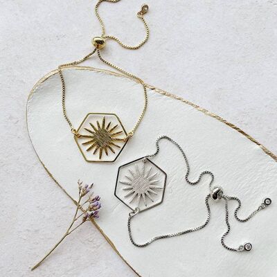 Agni: Gold Sun & Hexagon Bracelet_Silver plate