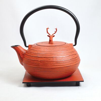 Mo Yo teapot made of cast iron 1.2l red with red deer with saucer