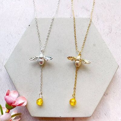 Beelieve Bumble Bee And Amber Drop Necklace_gold plate