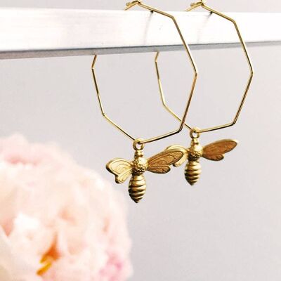 Best Beehive-iour Bee & Honeycomb Hoop Earrings_Gold plate