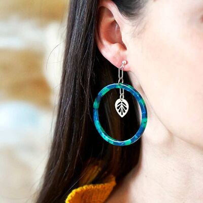 Nouvel Green Resin Hoop & Leaf Earrings_Silver plated studs and backs