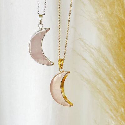 Vesta Rose Quartz Gemstone Moon Necklace_silver plate