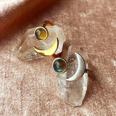 Zephyr Labradorite and Moon Adjustable Ring_Gold plate