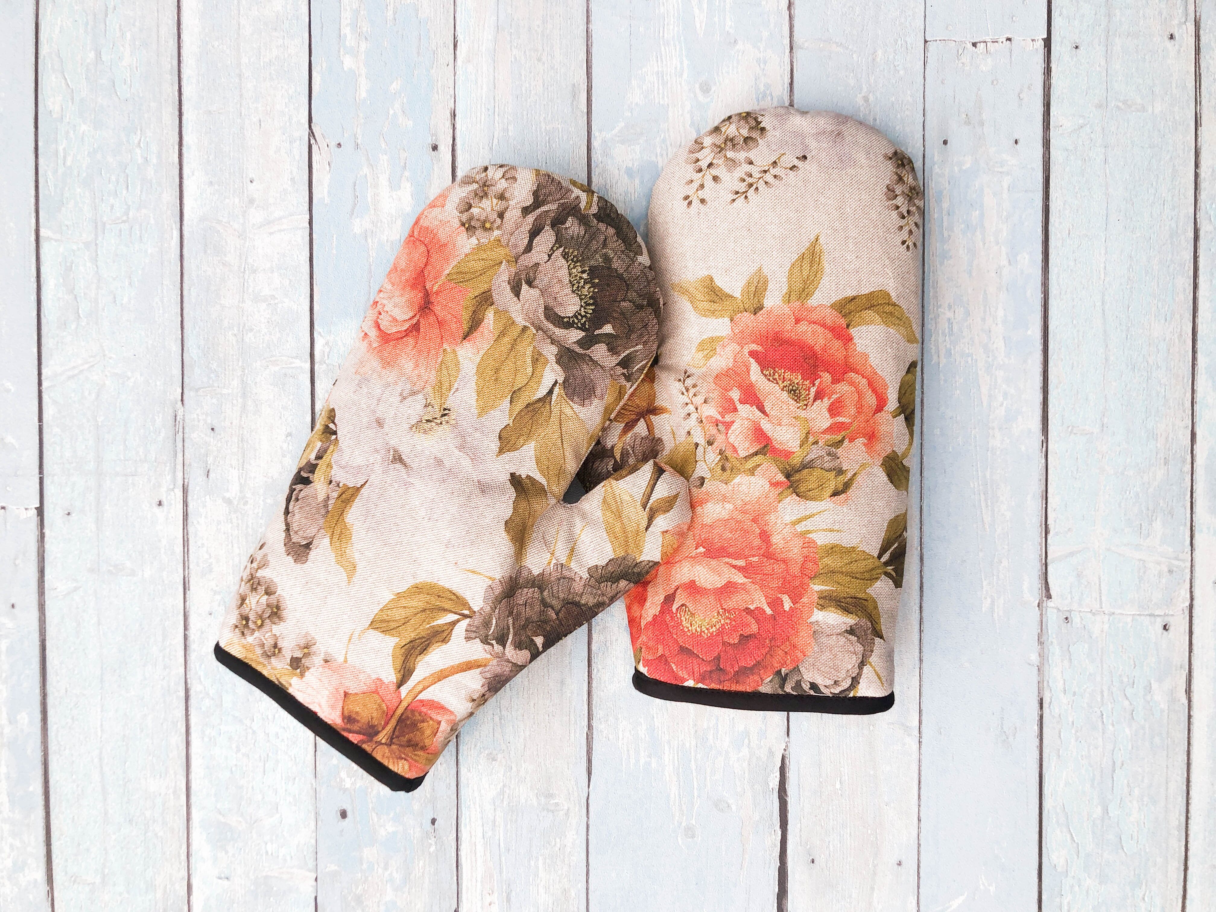 Ofenhandschuh mit Blumenmuster. Weicher, strapazierfähiger Ofenhandschuh. Backhandschuh mit orangefarbenem Pfingstrosen-Print. Ofenhandschuh. Küchenhandschuhe.