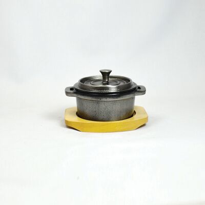 Iron pot mini roaster 10x5cm enamelled with wood totally silver