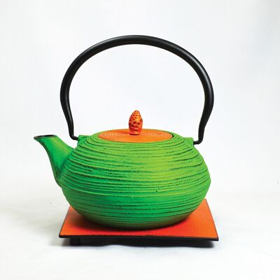 Mo Yo cast iron teapot 1.2l light green with orange lid and saucer
