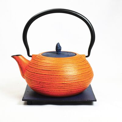 Mo Yo cast iron teapot 1.2l orange with blue lid and saucer