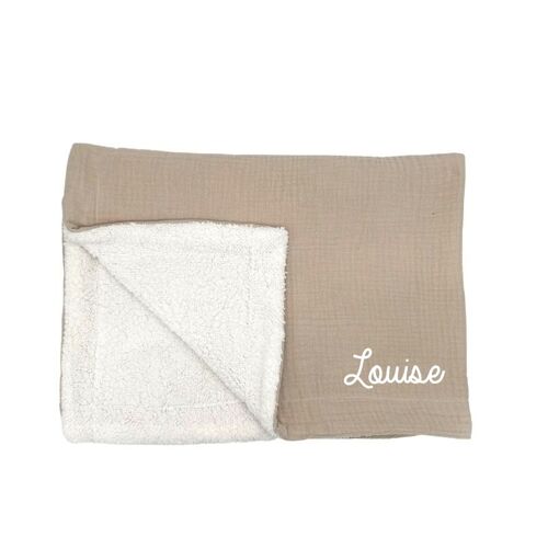 Couverture de naissance personnalisé en double gaze de coton et sherpa beige