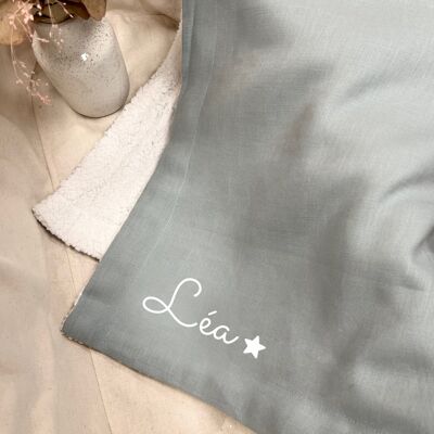 Personalized birth blanket in mint cotton and sherpa