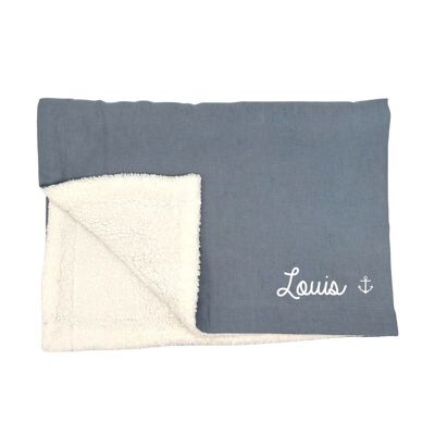 Personalized birth blanket in gray blue cotton and sherpa