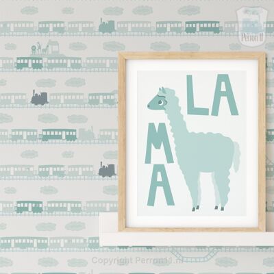 Trains wallpaper with animals in mint green or light blue