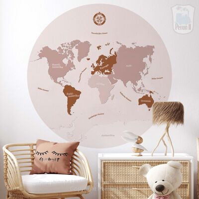 Behangcirkel Wereldkaart roze voor meisjeskamer
