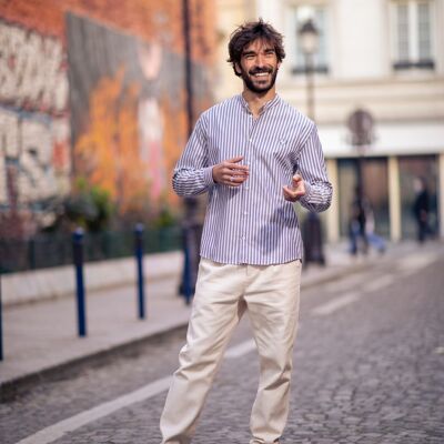 Chemise col Mao à Rayures Bleues Blanches