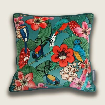 Paradise Frolic Velvet Cushion - Teal