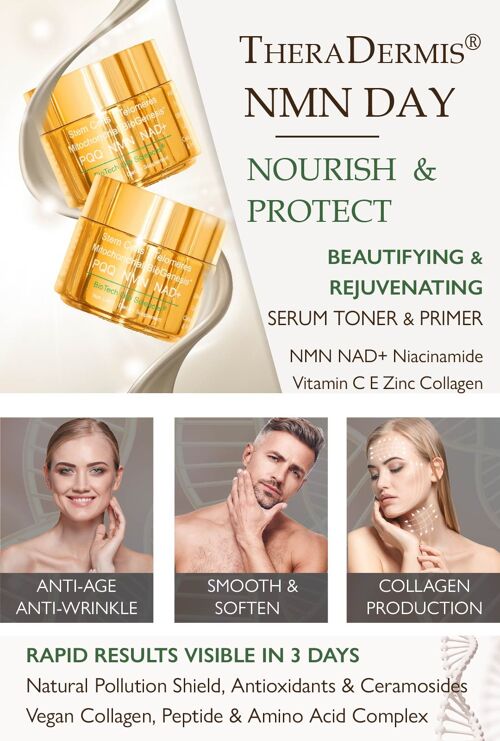 Anti-Ageing DAY Serum - Face & Skin Rejuvenation, Results in 3 days - Smooth & Soften, Nourish & Protect  12 treatments, NMN NAD+ Niacinamide Zinc Vit C E B1 B5 B7 Biotin Vegan Collagen Amino Acids