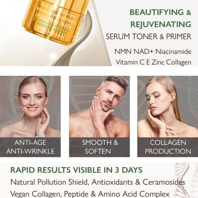 Anti-Ageing DAY Serum - Face & Skin Rejuvenation, Results in 3 days - Smooth & Soften, Nourish & Protect  12 treatments, NMN NAD+ Niacinamide Zinc Vit C E B1 B5 B7 Biotin Vegan Collagen Amino Acids