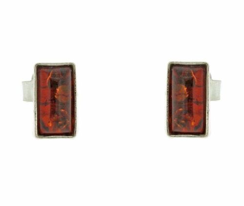 Sterling Silver and Cognac Amber Slim Rectangle Stud Earrings and Presentation Box