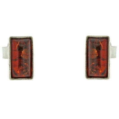 Sterling Silver and Cognac Amber Slim Rectangle Stud Earrings and Presentation Box