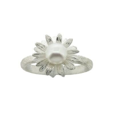 Sterling Silver Sunflower Pearl Ring in Size L with Presentation Box