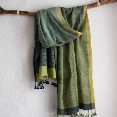 Bufanda larga de verano tejida a mano en algodón orgánico con pompones - verde mar