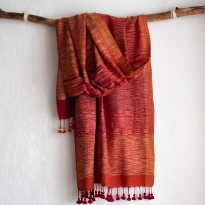Long hand-woven summer scarf made from organic cotton with bobbles - sea red orange