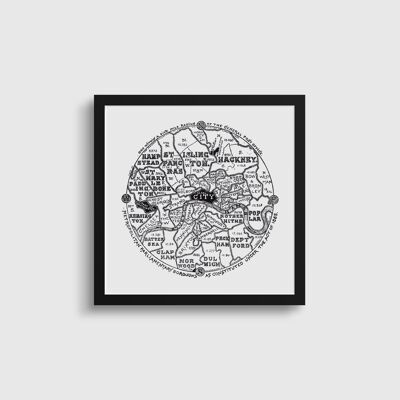 Vintage Circular Map of London | Framed Monochrome 30x30 Fine Art GiclÃ©e Print | Capital Wall Art | Victorian Map | Gift Print | Graphic Art