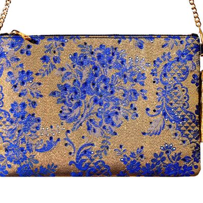 Bolso tela fallera cuero azul champagne (Incluye Swarovski)