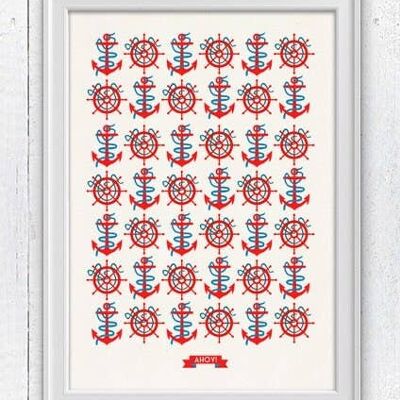 Ahoy Nautical Pattern Affiche nautique vintage - A3 Blanc 11,7 x 16,5 (sans cintre)