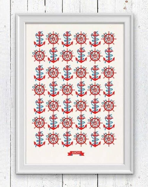 Ahoy Nautical Pattern  Vintage nautical Poster - A4 White 8.2x11.6 (No Hanger)