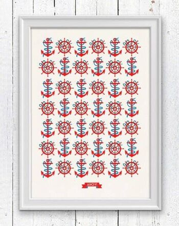 Ahoy Nautical Pattern Affiche nautique vintage - A4 Blanc 8,2 x 11,6 (sans cintre) 1