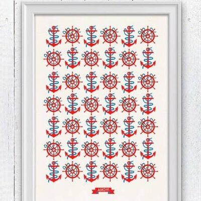 Ahoy Nautical Pattern Affiche nautique vintage - A5 Blanc 5,8 x 8,2 (sans cintre)